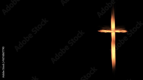 Realistic christian cross made by fire animation on black background. 4K animation for film ads and movie.