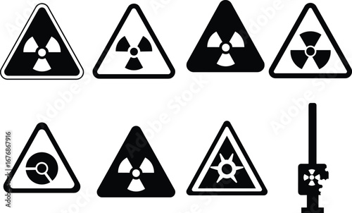 Vector set of radioactive hazard warning signs, nuclear danger labels, radiation risk symbols, safety alerts, atomic energy caution, and toxic exposure