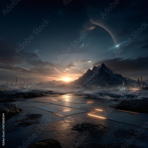 Futuristic sunrise illuminates snowy mountain peak above clouds with neon horizon glow, sci-fi inspired landscape, surreal cinematic 16:9 scene, cyberpunk sky tones, glowing snow textures, fantasy 