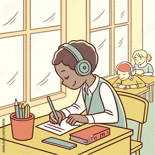 African American girl wearing headphones is focused on writing in a notebook at a school desk, with classmates engaged in learning and bright windows illuminating the classroom