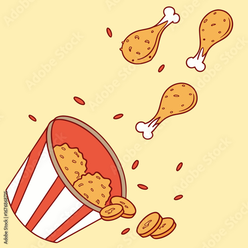 Colorful flat illustration of a bucket spilling crispy fried chicken pieces and coins, creating a playful and appetizing scene, perfect for food-related designs and marketing materials