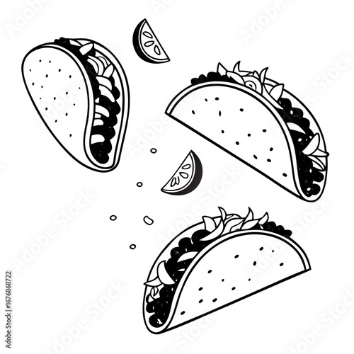Three hand-drawn tacos with various fillings and toppings, accompanied by lime wedges, showcasing vibrant culinary art and delicious Mexican cuisine illustration