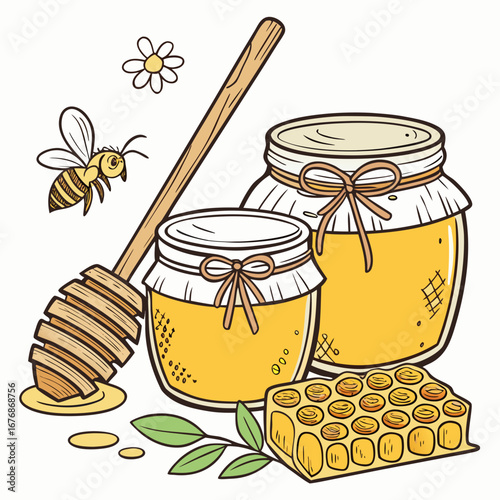 Illustration of honey jars with wooden dipper, honeycomb, and bee, showcasing natural sweetness and organic ingredients in a vibrant, cheerful design for culinary themes