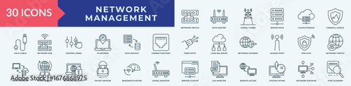 Network Management icon collection set with  network switch, data router, signal tower, server rack, cloud storage, firewall shield