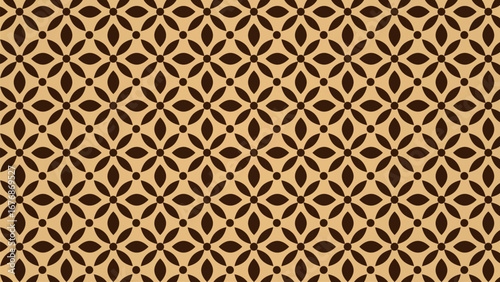 Seamless Floral Pattern repeating floral motif with dark elliptical petals and a central point, arranged symmetrically on a brown background, giving a classic, harmonious and decorative impression.