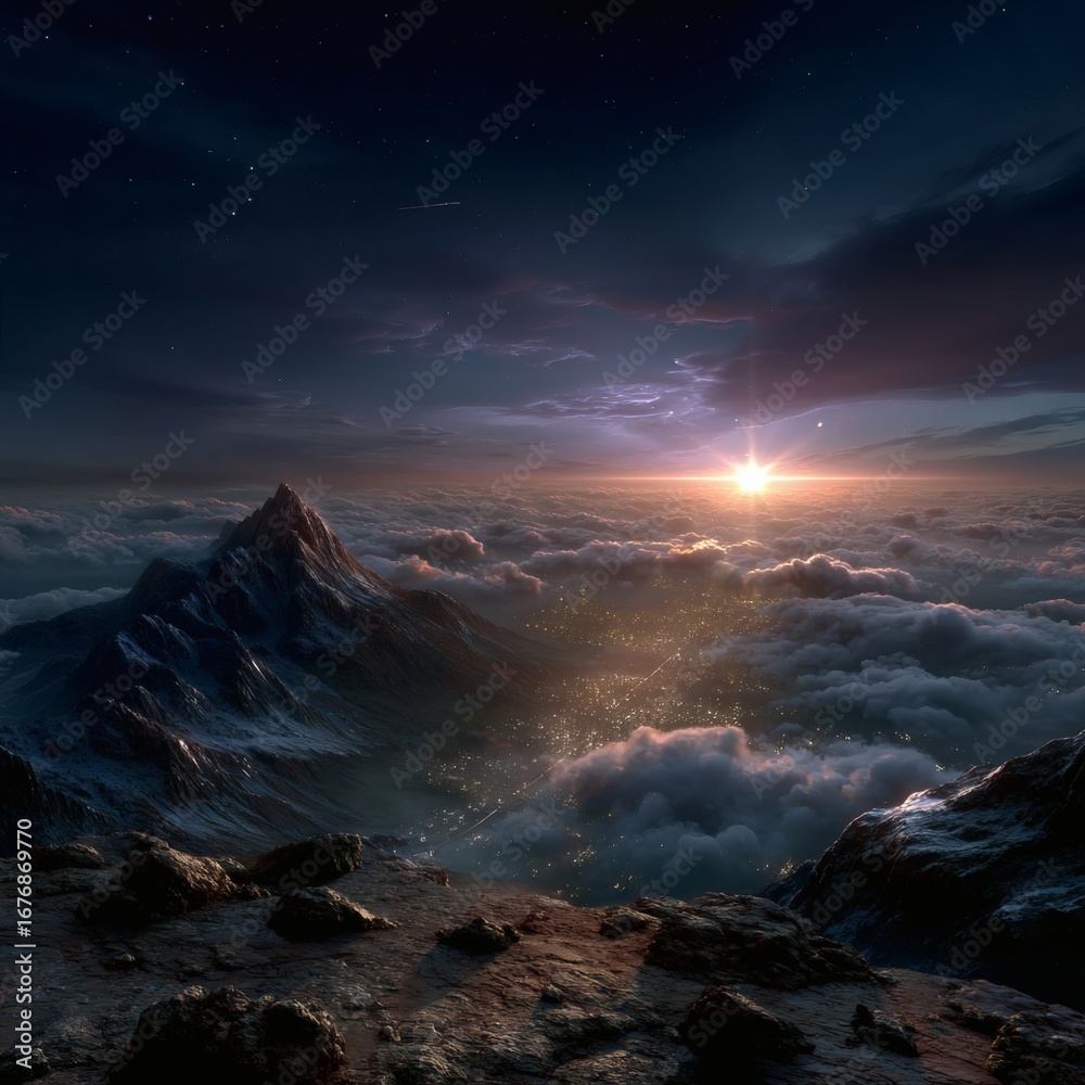 Naklejka premium Painterly sunrise illuminates snowy mountain peak above clouds, oil painting aesthetic, artistic landscape wallpaper, cinematic 16:9 panoramic view, surreal golden tones, dreamy natural wonder, 