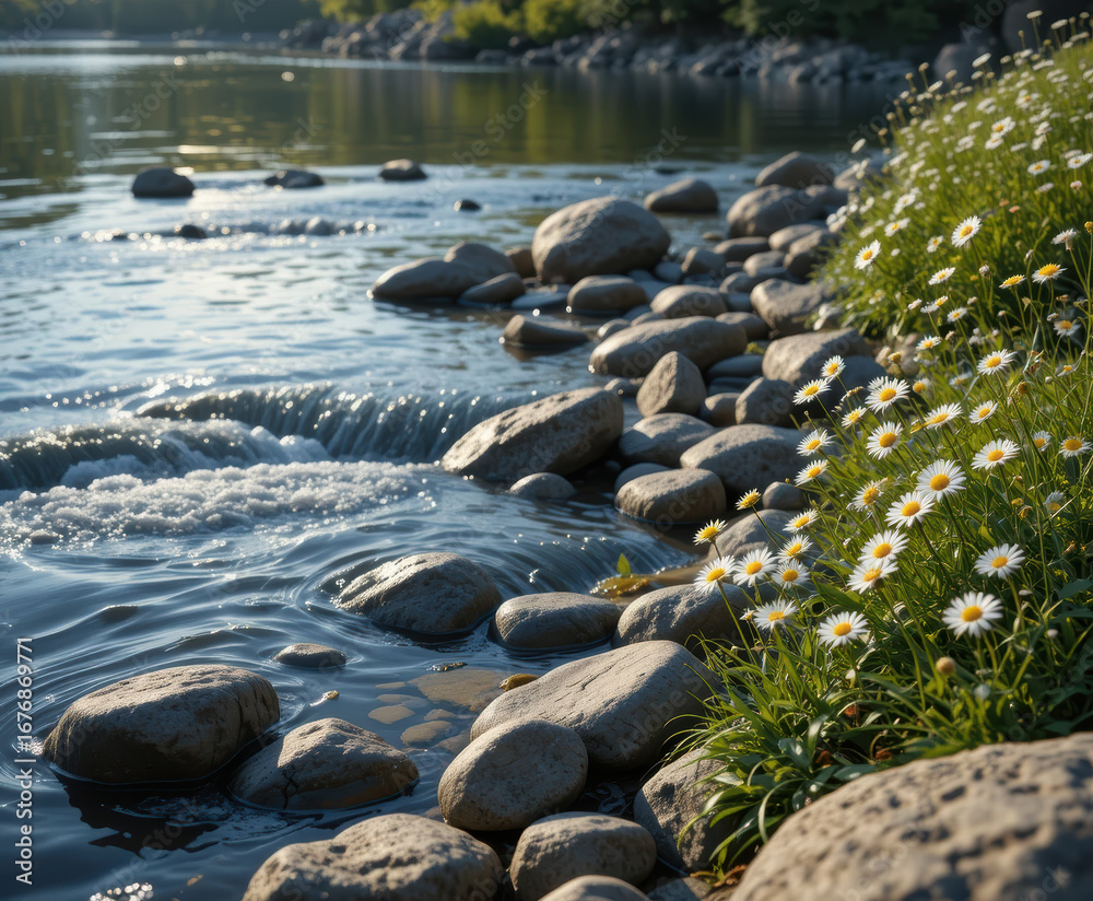 Fototapeta premium Serene riverbank with wild daisies blooming by the flowing water in soft sunlight