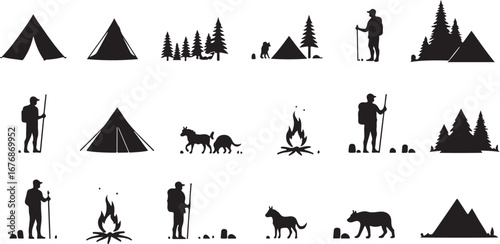 "Camping Silhouette Icons – Tents, Campfire & Trees"

"Outdoor Adventure Vector Set – Camping, Fire, and Nature"

"Black Silhouette Icons of Camping Tents and Campfires"