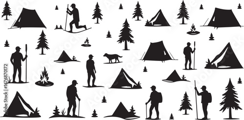 "Camping Silhouette Icons – Tents, Campfire & Trees"

"Outdoor Adventure Vector Set – Camping, Fire, and Nature"

"Black Silhouette Icons of Camping Tents and Campfires"