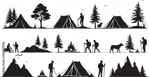 "Camping Silhouette Icons – Tents, Campfire & Trees"

"Outdoor Adventure Vector Set – Camping, Fire, and Nature"

"Black Silhouette Icons of Camping Tents and Campfires"