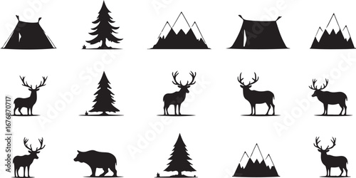 "Camping Silhouette Icons – Tents, Campfire & Trees"

"Outdoor Adventure Vector Set – Camping, Fire, and Nature"

"Black Silhouette Icons of Camping Tents and Campfires"