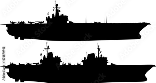 Set of 2 Aircraft Carrier Silhouette Vector Illustration Bundle isolated on white background
