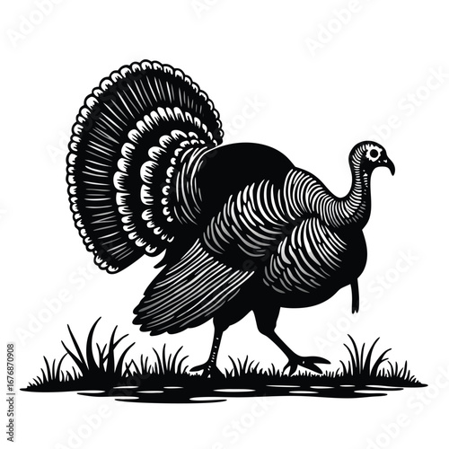 Black and white illustration of a turkey walking in grass 1