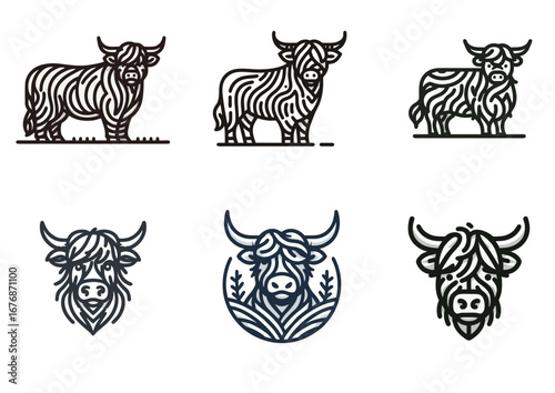 Set of Stylized Highland Cow Line Art Logos and Icons