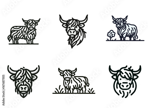 Scottish Highland Cattle Line Art Icons and Logo Elements Set