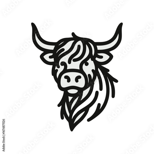 Highland Cow Head Vector Icon with Long Shaggy Hair and Horns - Farm Animal Logo Design