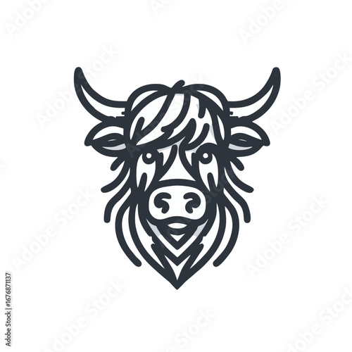 Highland Cow Head Line Art Vector Illustration