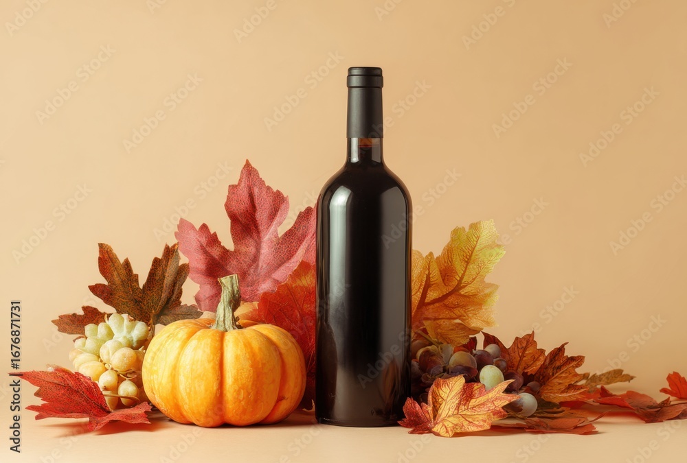 Naklejka premium Elegant still life with a dark wine bottle surrounded by pumpkins and autumn leaves