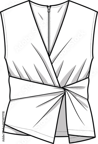 Fashion flat sketch of a sleeveless white wrap top with a twisted knot detail and zipper clothing apparel