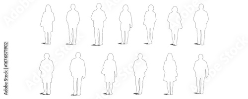 Outline drawing collection of people back view, standing and walking in casual everyday poses, men and women, black line art vector illustration for architecture drawings and design projects