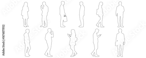 Outline drawing collection of people standing, walking, talking, and using smartphones, everyday casual human poses, black line art vector illustration for architecture drawings and design projects