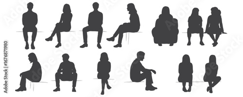 Silhouette collection of people sitting in casual everyday poses, men and women, minimal black vector illustration for architecture drawings and design projects