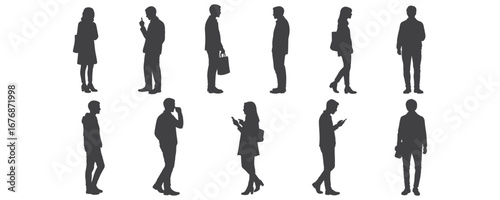 Silhouette collection of people standing, walking, talking, and using smartphones, casual everyday human poses, minimal black vector illustration for architecture drawings and design projects