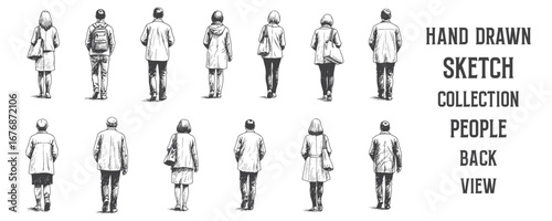 Hand drawn sketch collection of people in back view, standing and walking in casual everyday poses, men and women, black ink line art vector illustration for architecture drawings and design projects