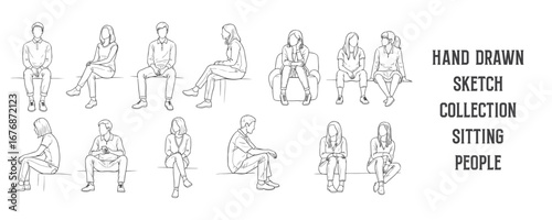 Hand drawn sketch collection of people sitting in casual everyday poses, men and women, black ink line art vector illustration for architecture drawings and design projects