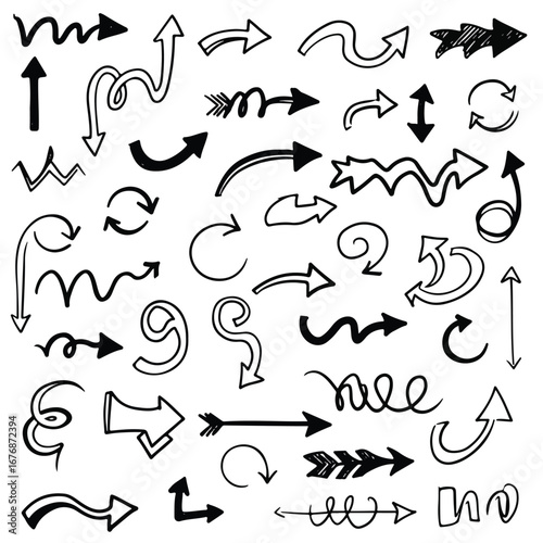 Hand-drawn whimsical arrows, a monochrome illustration of unique curving and looping lines, create playful spontaneous direction and creative flow on a white background.