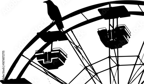 Silhouette of a Raven atop Ferris Wheel: A striking monochrome image of a raven perched on the peak of a Ferris wheel, casting a shadow, symbolizing mystery and the allure of amusement