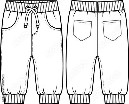Front and back view of jogger pants fashion flat sketch with drawstring fashion sketch apparel design