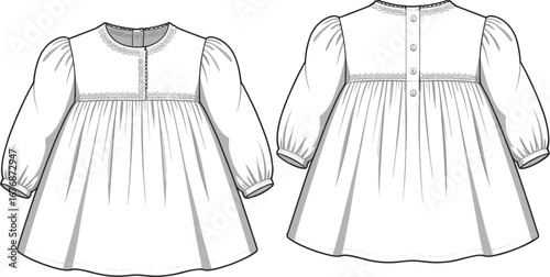 Front and back view of a white baby dress with lace trim and puff sleeves children's clothing garment