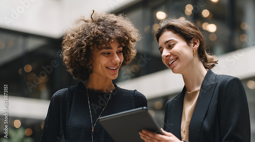 Two smiling women in business attire review a tablet in an office setting