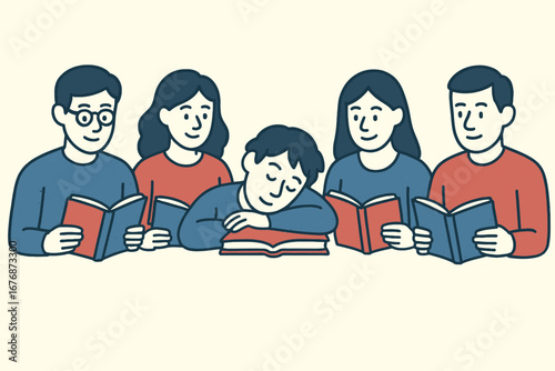 Flat Style Group of People Reading Books, One Person Sleeping