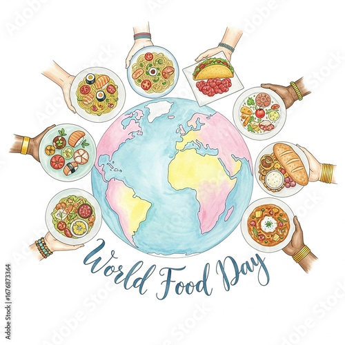 Watercolor artwork of hands from different cultures holding plates of food, forming a circle around Earth, soft pastel shades, World Food Day