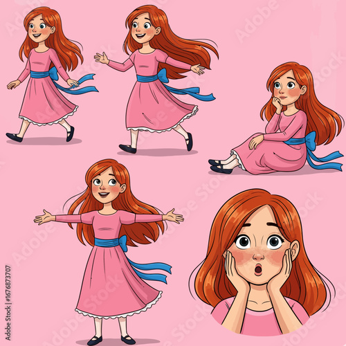 Cute Cartoon Character of Redhead Girl with Pink Dress Illustration