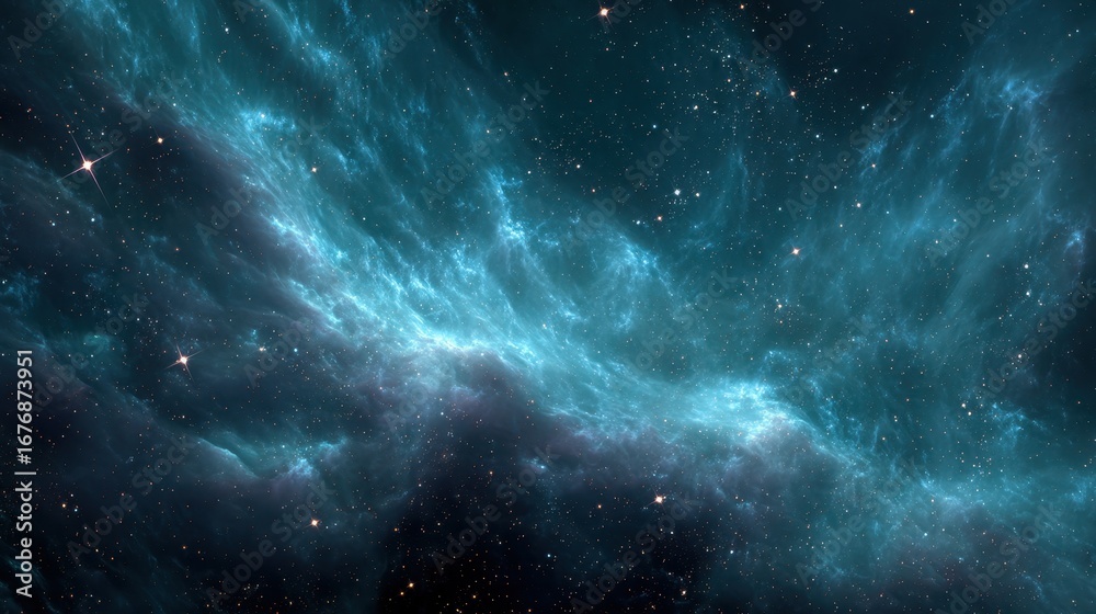 Fototapeta premium High quality photo of vibrant blue nebula swirls with distant stars in deep space.