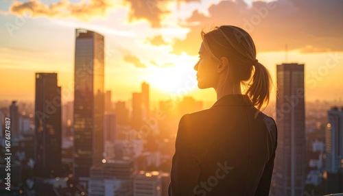 A confident businesswoman stands overlooking a bustling city at sunset, contemplating her career and future success