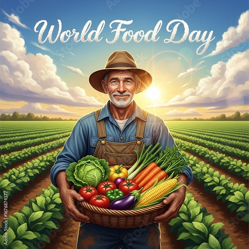Digital painting of a farmer holding a basket full of fresh produce, standing proudly in a lush green field under golden sunlight, World Food Day