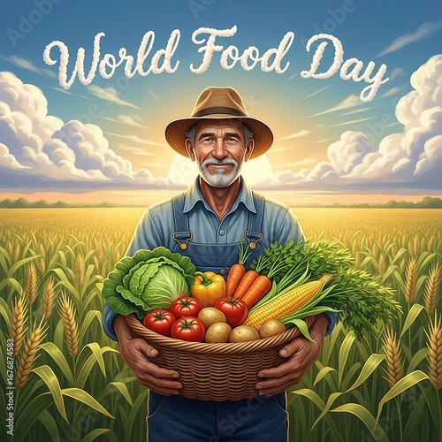 Digital painting of a farmer holding a basket full of fresh produce, standing proudly in a lush green field under golden sunlight, World Food Day