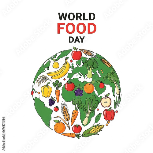 Flat vector style poster of colorful fruits, vegetables, and grains arranged in the shape of a globe, World Food Day