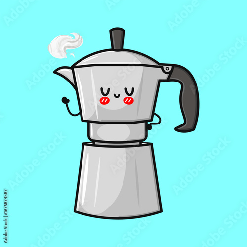 A cheerful cartoon coffee maker with a smiling face and steam rising.