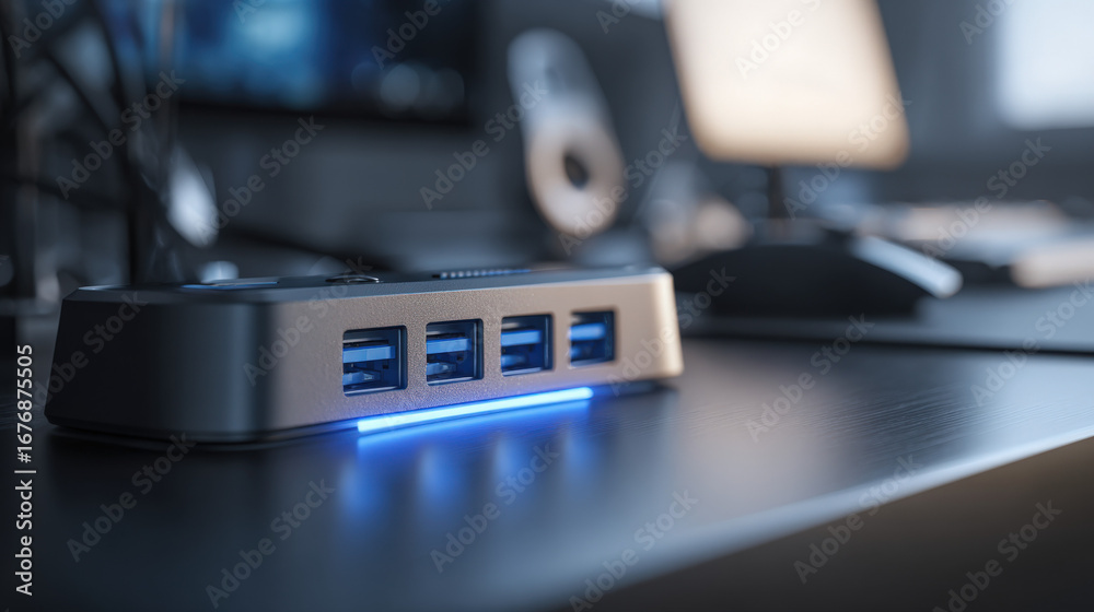 Fototapeta premium Sleek USB hub with multiple ports connected to various devices, showcasing modern design and functionality in a tech-focused setup.