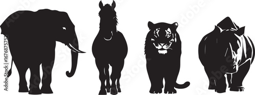 Black silhouette of an elephant horse tiger and rhinoceros standing side by side vector