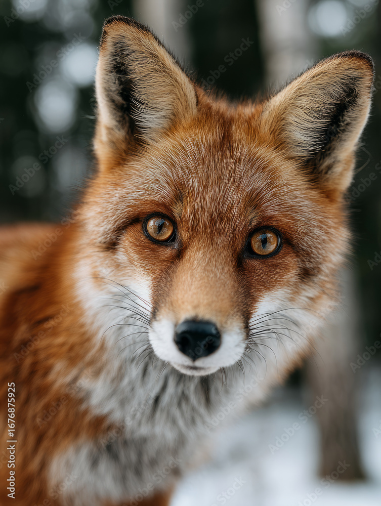 Fototapeta premium Close-up portrait of a red fox in a snowy forest.