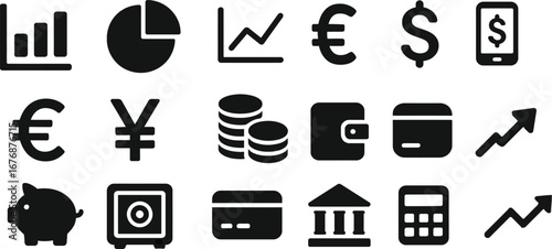 Finance Solid Black Silhouette Icon Set Collection on White Background
