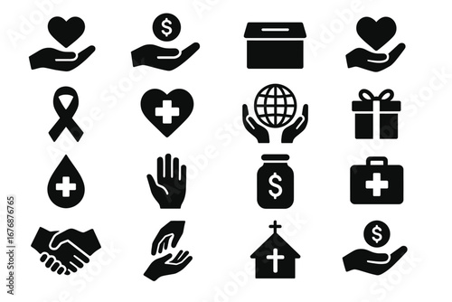 Donate Solid Black Silhouette Icon Set Collection on White Background