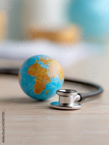 A stethoscope rests beside a globe, symbolizing the connection between global health and medicine.