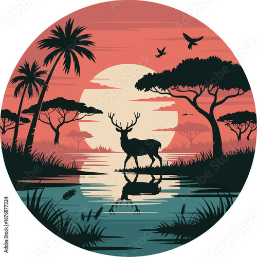 African Savannah Sunset With Deer By Water And Silhouetted Trees sunrise dusk